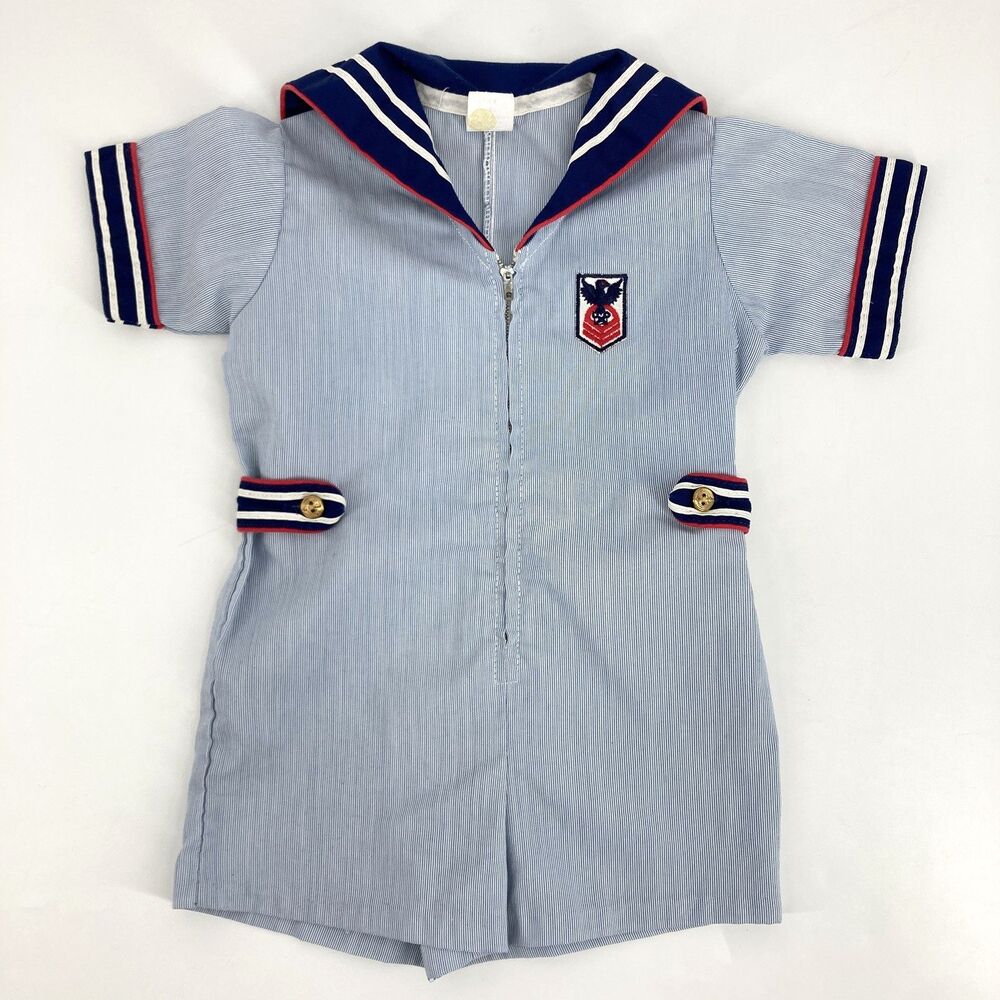 Vintage US Navy Sailor Suit Romper Boys 4T Blue Shorts Outfit Gold Button Preppy